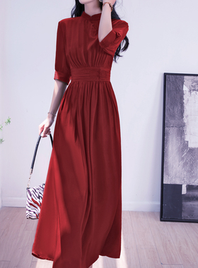 之和法式复古风红色惊艳连衣裙女夏 高级感收腰显瘦铜氨丝A字长裙