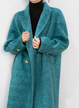 赫本风蓝色茧型双面羊绒羊毛呢子大衣女中长款高级感加厚毛呢外套