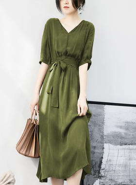 法式复古风军绿色铜氨丝长裙连衣裙女夏季新款 收腰显瘦茶歇A字裙