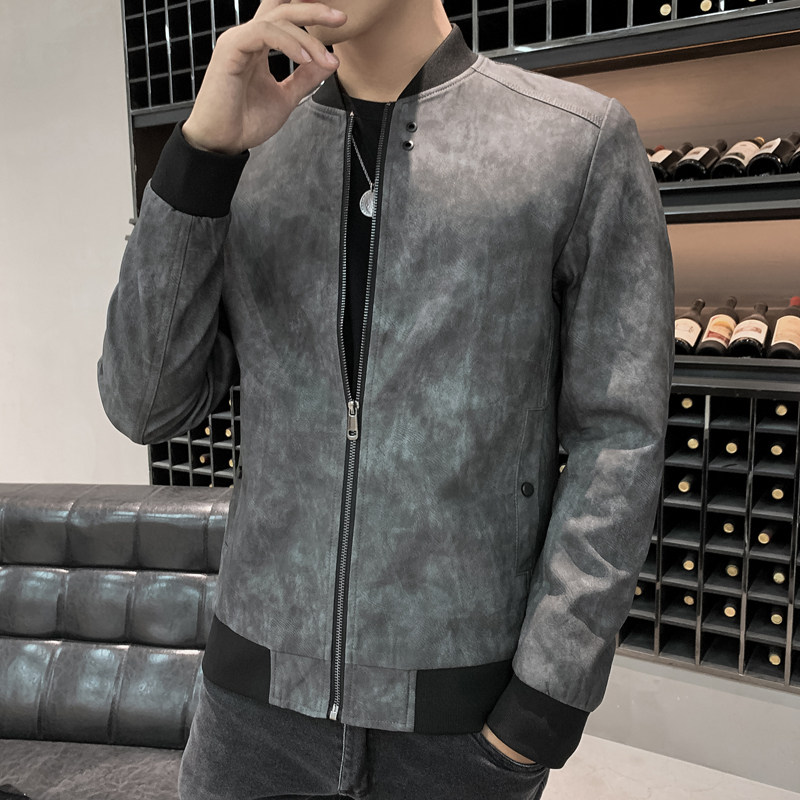 2021春秋装新款潮男个性棒球领夹克外套小羊皮皮衣 PY026 P138 真模图片