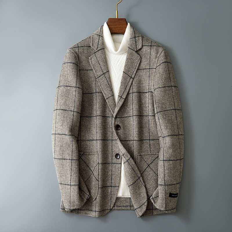 2023秋冬男士双面羊毛夹克格子西服外套毛呢大衣Y6110P315控558，男装毛呢大衣，电商D230