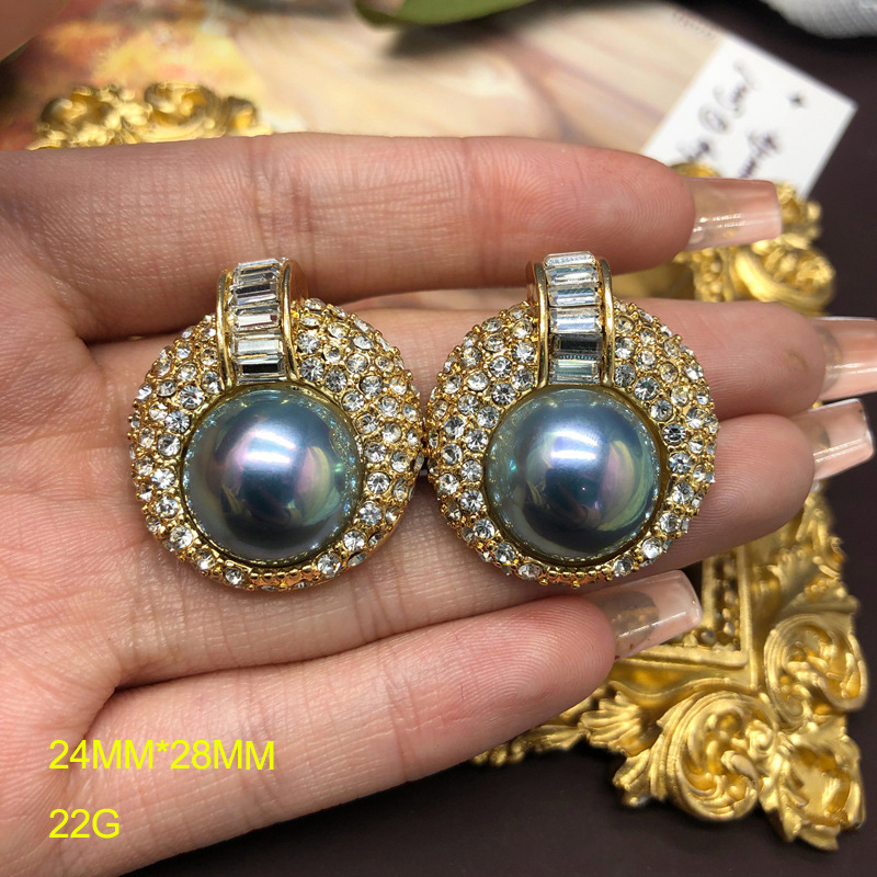 简约气质灰色巴洛克珍珠水晶宝石项链耳钉耳夹套装复古百搭锁骨链