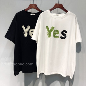 2024春夏新款圆领刺绣YES字母宽松韩版中长款蝙蝠袖短袖T恤女潮