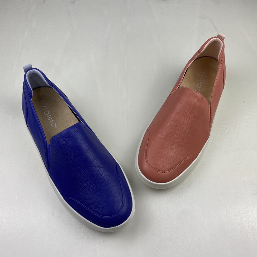 美国vionic女士牛皮板鞋 一脚蹬休闲鞋 足弓支撑鞋垫 工厂样品鞋