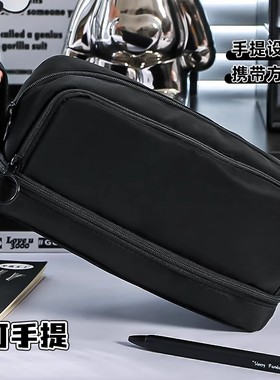 ins手提便携黑色拉链收纳袋收纳文具袋手提多巴胺可爱初中生小众