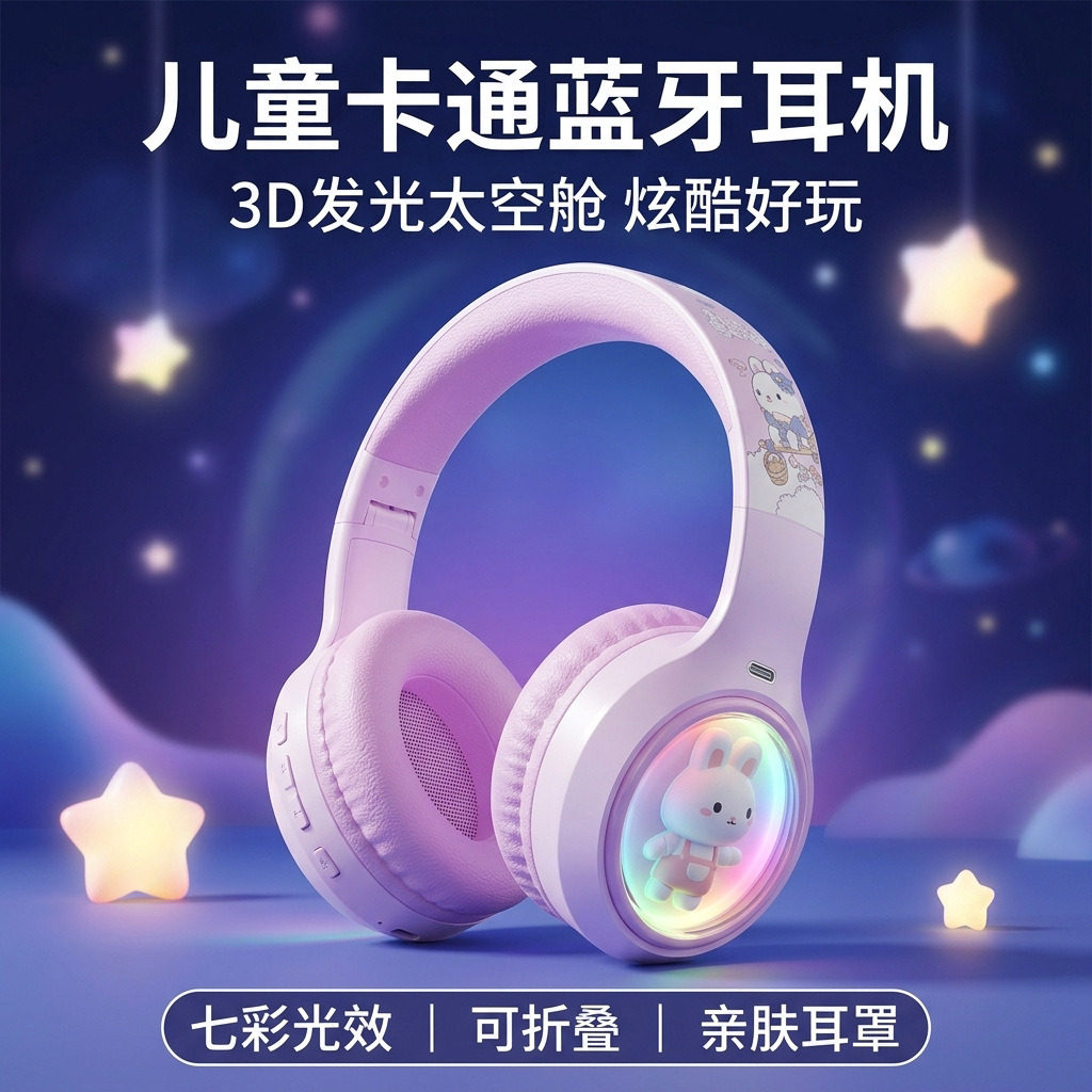 儿童蓝牙耳机无线头戴式耳麦学生网课发光网红卡通耳机萌趣可折叠