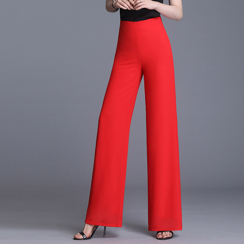 夏薄雪纺阔腿裤女高腰显瘦隐形后拉链双层直筒垂感舞蹈裤拖地裤