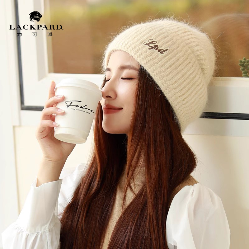 lackpard帽子女秋冬天兔毛线帽护耳堆堆帽套头帽宽松大头围显脸小