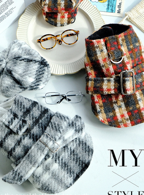 宠物猫狗秋冬加绒保暖可牵引英伦风灰色马甲背心约克夏比熊小型犬