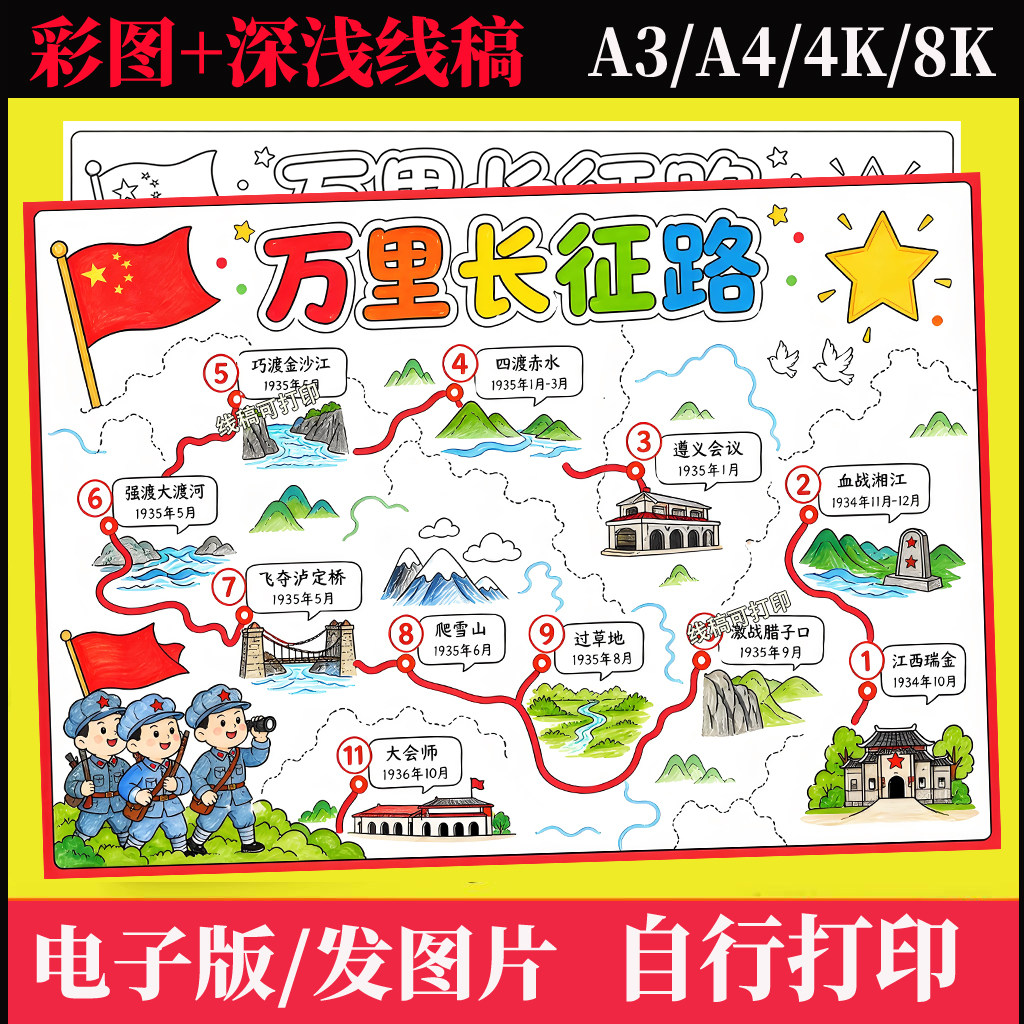 万里长征路线图手抄报电子版模板弘扬长征精神争做红色少年线稿图