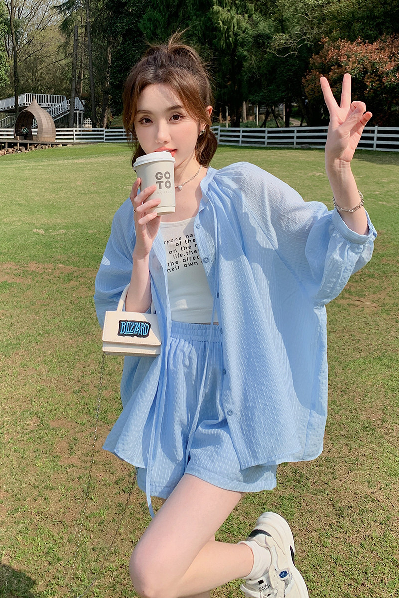 防晒服套装女2025年夏季新款简约纯色薄款宽松短裤防晒休闲两件套,女装套装/套裙,浙宝256
