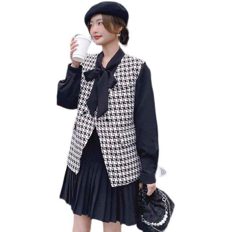 高级感小香风格子马甲套装女2025春秋新款韩系百褶连衣裙两件套潮,女装连衣裙,浙宝256