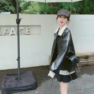 黑色炸街小个子皮衣外套女2025春新款韩版宽松时尚减龄棒球服夹克图片