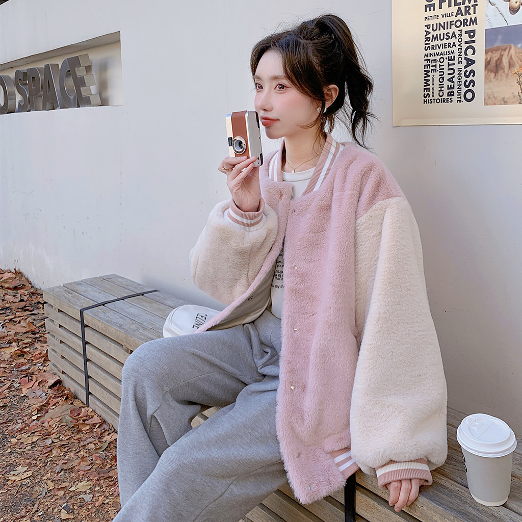 粉色羊羔毛棒球服外套女冬季新款韩版宽松加厚学院风减龄毛绒棉服,女装棉衣/棉服,浙宝256