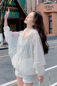 档口现货2023夏白色织带宽松旅游防晒衣连帽外套 X363-P110-控168图片