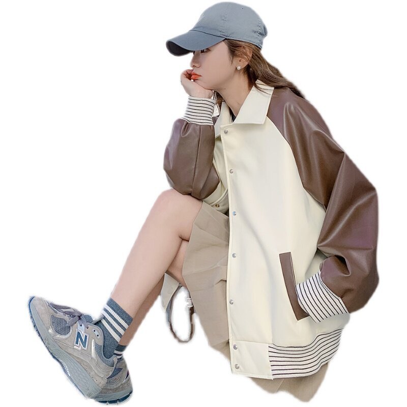 美式复古拼皮棒球服短款外套女2025春秋新款小个子设计感休闲上衣,女装短外套,浙宝256