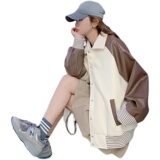 美式复古拼皮棒球服短款外套女2025春秋新款小个子设计感休闲上衣，女装短外套，浙宝256