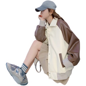 美式复古拼皮棒球服短款外套女2025春秋新款小个子设计感休闲上衣图片