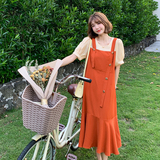 已现货2023夏橘色拼色假两件鱼尾裙连衣裙X358-P105-控158，女装连衣裙，浙宝256