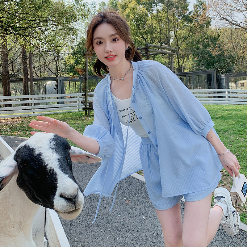 防晒服套装女2025年夏季新款简约纯色薄款宽松短裤防晒休闲两件套,女装套装/套裙,浙宝256