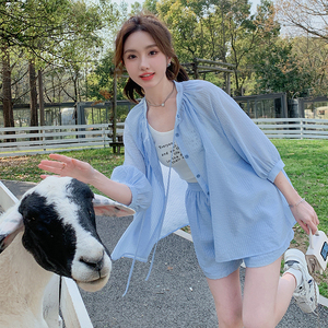 防晒服套装女2025年夏季新款简约纯色薄款宽松短裤防晒休闲两件套图片