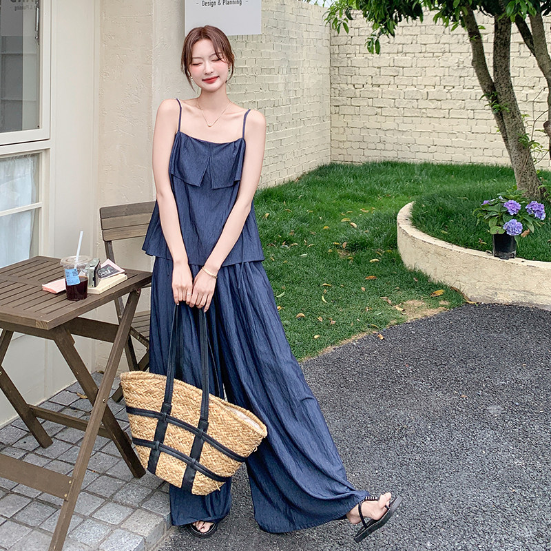 女夏盐系复古独特超好看穿搭设计感牛仔吊带上衣阔腿裤套装两件套，商品下架区商品下架区，浙宝256