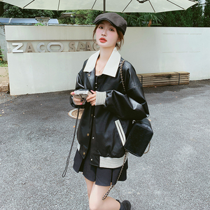 黑色炸街小个子皮衣外套女2025春新款韩版宽松时尚减龄棒球服夹克图片