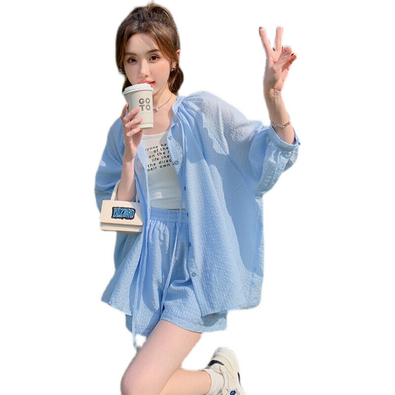 防晒服套装女2025年夏季新款简约纯色薄款宽松短裤防晒休闲两件套,女装套装/套裙,浙宝256