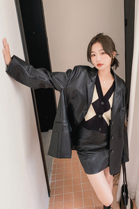 咖色复古PU皮西装外套2025新款女春美拉德复古酷飒高级感西服上衣图片