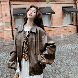 棕色美式复古皮衣外套女2025秋季新款美拉德穿搭小个子机车皮夹克图片