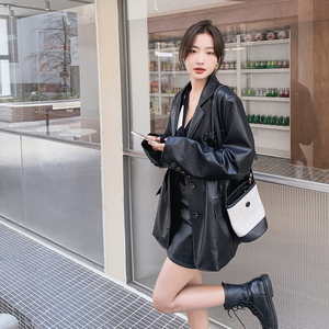 咖色复古PU皮西装外套2025新款女春美拉德复古酷飒高级感西服上衣图片