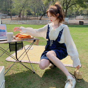 现货 2023夏 韩版宽松减龄牛仔背带裤短裤 X361-P85-控148图片