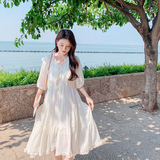 初恋雪纺V领连衣裙女2024夏季新款法式温柔风海边度假收腰仙女裙，女装连衣裙，浙宝256