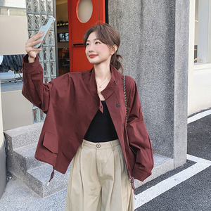 酒红色可盐可甜减龄立领夹克女秋2025新款小个子休闲显瘦风衣外套图片