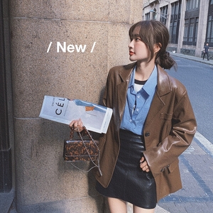咖色复古PU皮西装外套2025新款女春美拉德复古酷飒高级感西服上衣图片