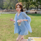 防晒服套装女2025年夏季新款简约纯色薄款宽松短裤防晒休闲两件套，女装套装/套裙，浙宝256