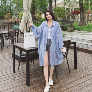 现货2021夏季新款条纹衬衫外套防晒衣女X306-P90-控138有,中长包裙搭配鞋图片