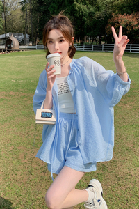 防晒服套装女2025年夏季新款简约纯色薄款宽松短裤防晒休闲两件套图片