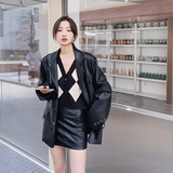 咖色复古PU皮西装外套2025新款女春美拉德复古酷飒高级感西服上衣，女装皮衣，浙宝256