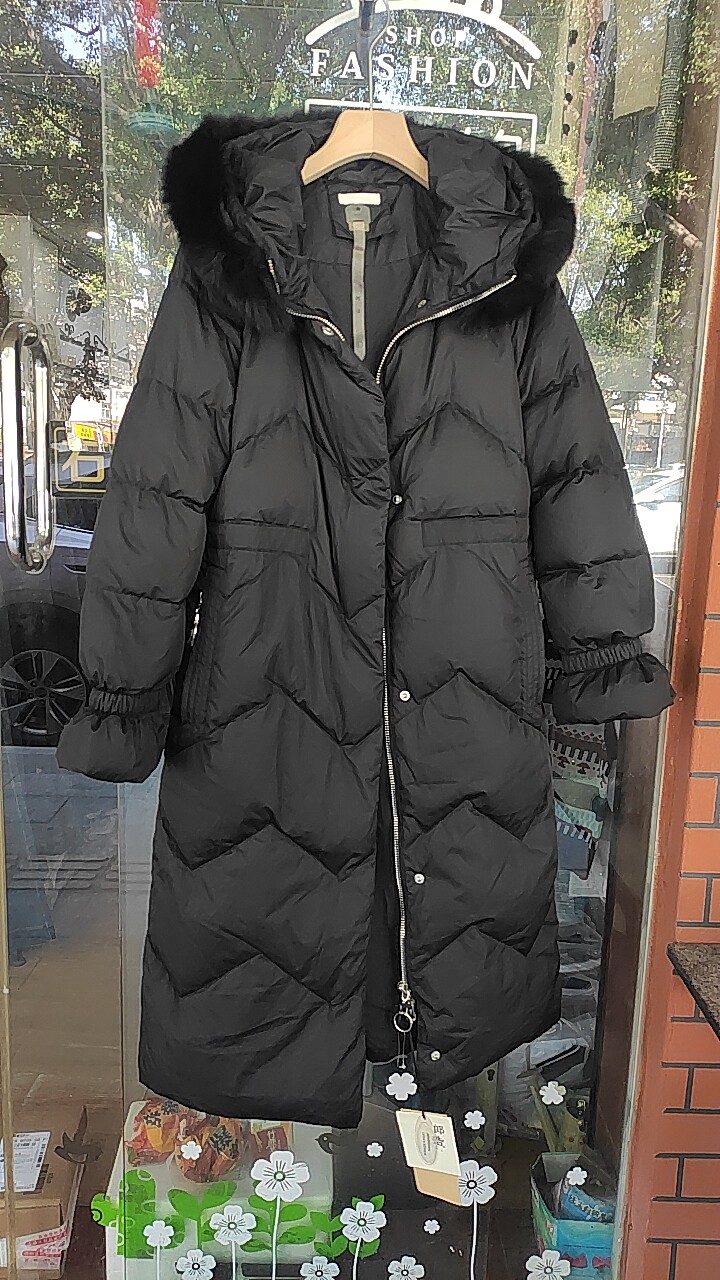 黑色%90绒羽绒服女冬季新品中长款过膝狐狸毛领保暖加厚宽松外套