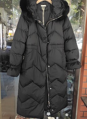 黑色%90绒羽绒服女冬季新品中长款过膝狐狸毛领保暖加厚宽松外套
