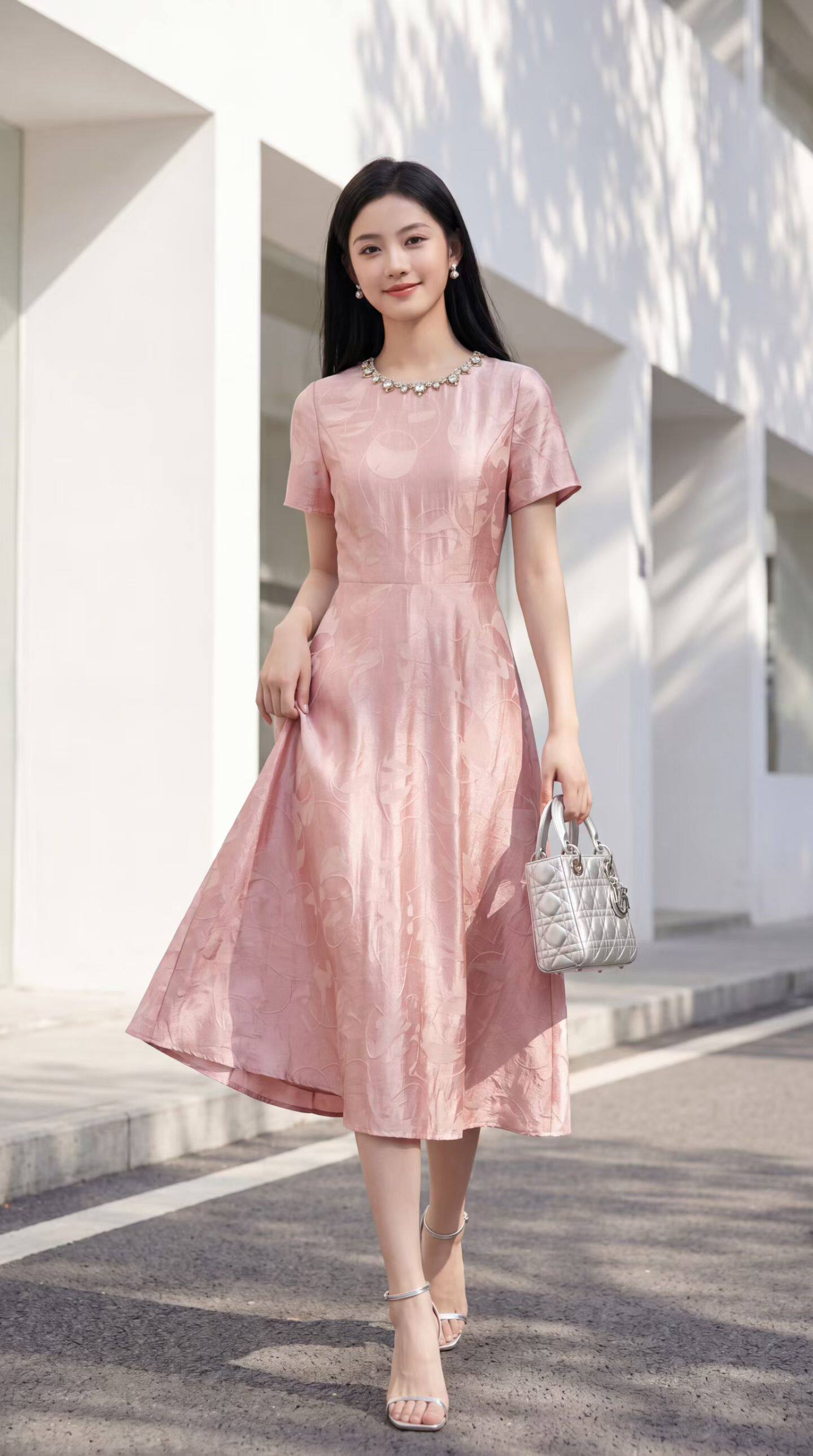 欧洲站法式粉色圆领2026夏季新款女装订钻提花气质大摆礼服连衣裙