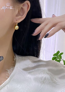 18k厚金10-11mm天然浓金色海水南洋金珠高跟鞋耳钉天然弄金色正圆