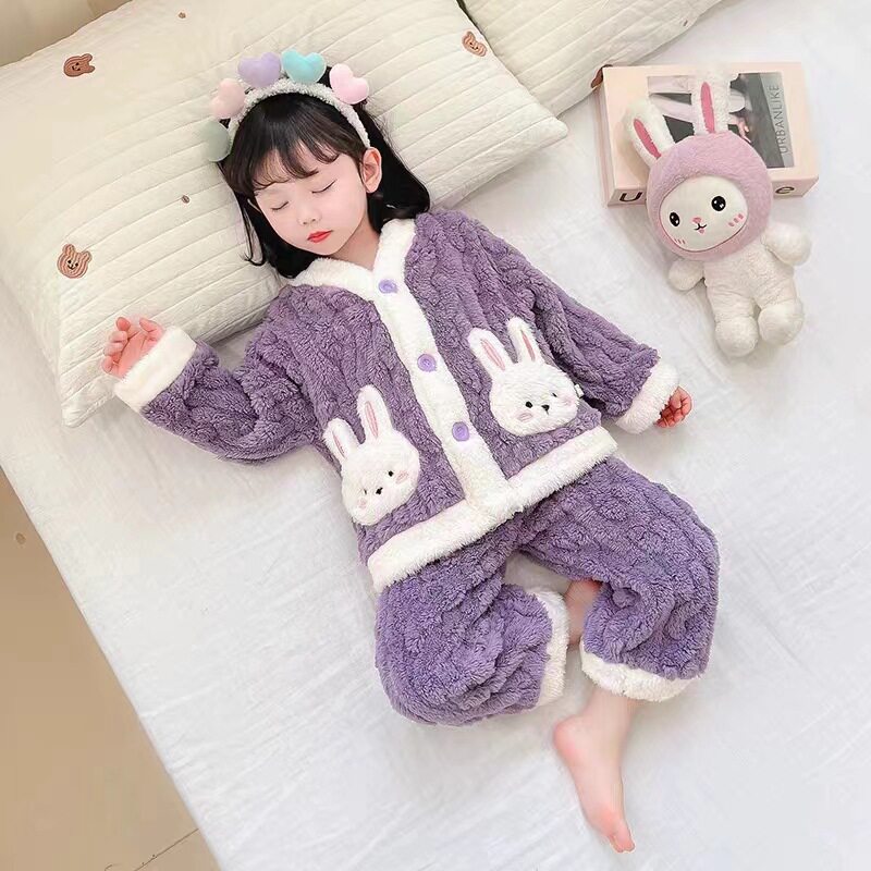 女童家居服儿童珊瑚绒1-10岁睡衣加厚洋气超萌可爱女宝宝冬季套装