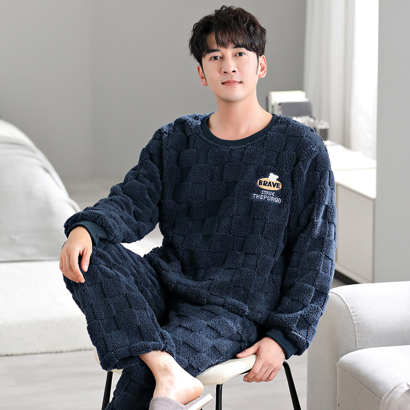 2023冬季珊瑚绒睡衣男士保暖加厚加绒长毛绒简约休闲可外穿家居服
