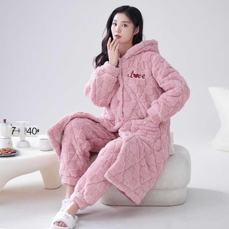 珊瑚绒睡衣女秋冬季天长款超加厚三层夹棉睡袍可爱套装法兰家居服