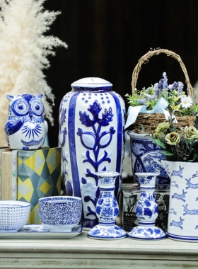 孤品大集合--外贸复古高温青花瓷陶瓷将军罐中式家用插花瓶摆件