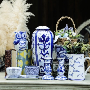 孤品大集合--外贸复古高温青花瓷陶瓷将军罐中式家用插花瓶摆件