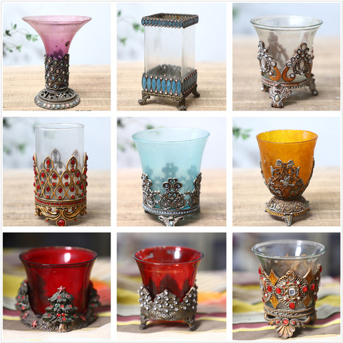 绝美孤品西洋古董风合金雕花镶钻烛台复古香薰杯工艺品装饰摆件