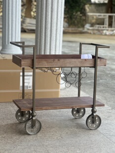 复古实木铁艺双层置物架收纳车带轮移动茶水架奥罗拉美式厨房餐车